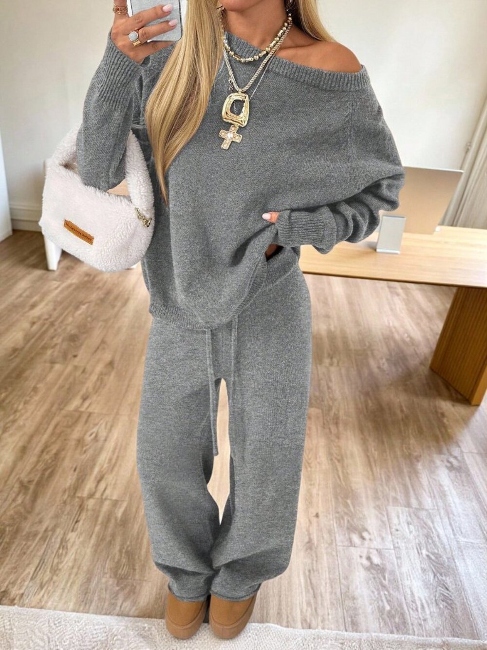 Grey Casual Women's Loose Long Sleeve Top And Pants Set